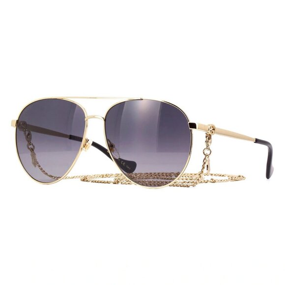 NEW GUCCI AVIATOR SUNGLASSES GUCCI GG1088S 001 GOLD GREY EYEWEAR WITH GOLD CHAIN - Picture 1 of 3